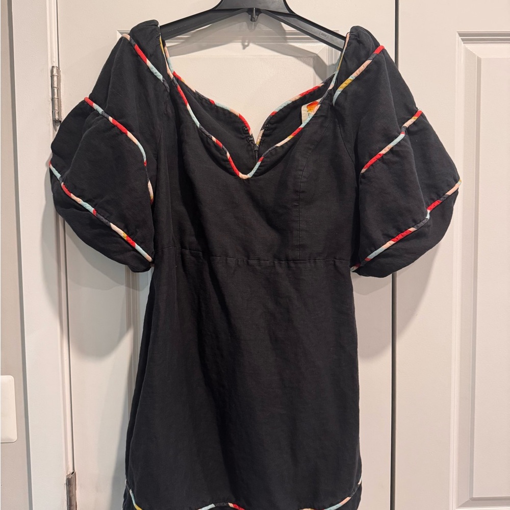 Farm Rio Black Puff Sleeve dress with colorful stripes - worn once!